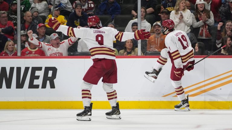 Boston College forward Cutter Gauthier (19) celebrates after scoring against Michigan during the second period of a Frozen Four semifinal in the men's NCAA college hockey tournament Thursday, April 11, 2024, in St. Paul, Minn. (Abbie Parr/AP)