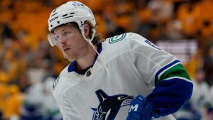 Vancouver Canucks right wing Brock Boeser warms up before the start of Game 3 in an NHL hockey Stanley Cup first-round playoff series against the Nashville Predators, Friday, April 26, 2024, in Nashville, Tenn. (George Walker IV/AP)