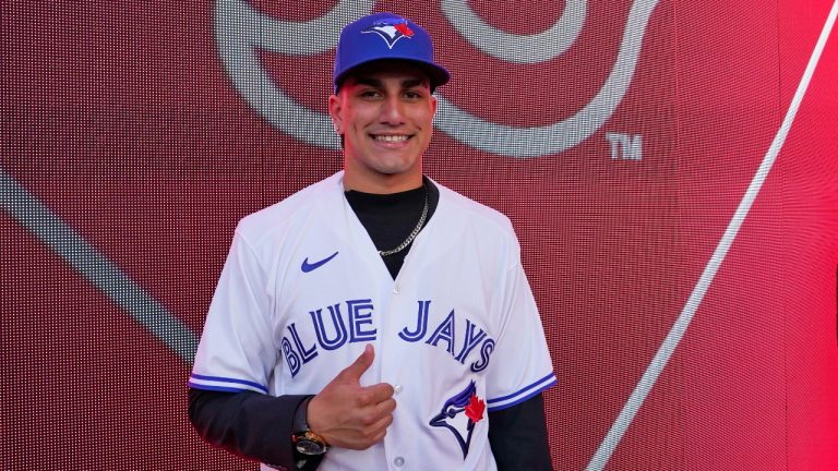 Brandon Barriera smiles after being selected by the Toronto Blue Jays with the 23rd pick of the 2022 MLB baseball draft, Sunday, July 17, 2022, in Los Angeles. (Abbie Parr/AP) 