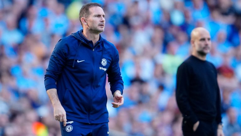 Chelsea's head coach Frank Lampard reacts during the English Premier League soccer match between Manchester City and Chelsea at the Etihad Stadium in Manchester, England, Sunday, May 21, 2023. (Jon Super/AP) 