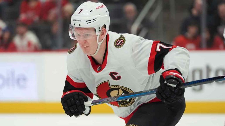 Ottawa Senators left wing Brady Tkachuk (7) plays against the Detroit Red Wings in the second period of an NHL hockey game Wednesday, Jan. 31, 2024, in Detroit. (Paul Sancya/AP)