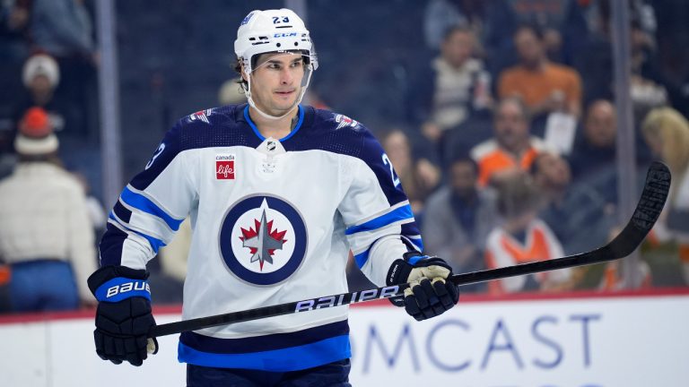 Winnipeg Jets' Sean Monahan plays during an NHL hockey game, Thursday, Feb. 8, 2024, in Philadelphia. (Matt Slocum/AP) 