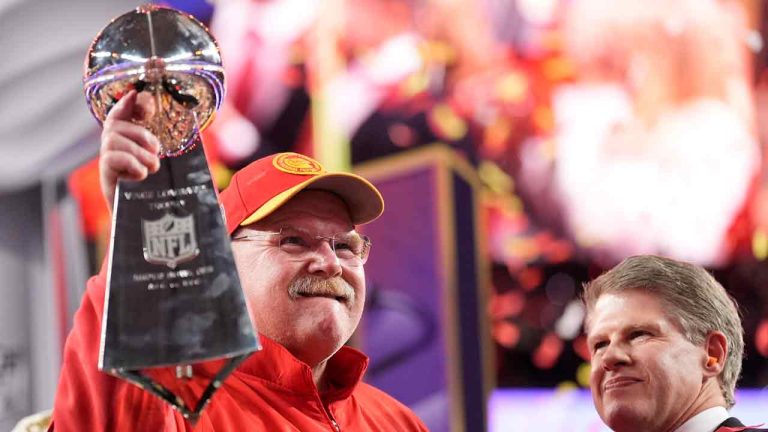 Kansas City Chiefs head coach Andy Reid holds the Vince Lombardi Trophy as Kansas City Chiefs chairman and CEO Clark Hunt looks on after the NFL Super Bowl 58 football game against the San Francisco 49ers on Sunday, Feb. 11, 2024, in Las Vegas. The Chiefs won 25-22.(Ashley Landis/AP)