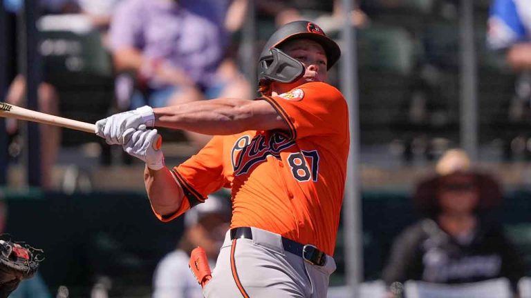 Baltimore Orioles Jackson Holliday (87) swings at a pitch in the first inning of a spring training baseball game against the Atlanta Braves in North Port, Fla., Monday, Feb. 26, 2024. (Gerald Herbert/AP)