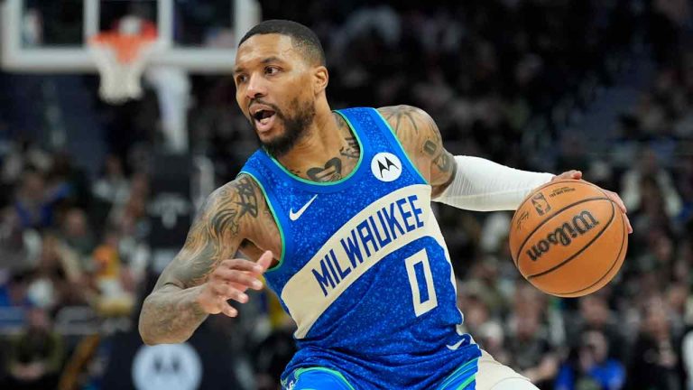 Milwaukee Bucks' Damian Lillard during the second half of an NBA basketball game against the Brooklyn Nets Thursday, March 21, 2024, in Milwaukee. The Bucks won 115-108. (Morry Gash/AP)