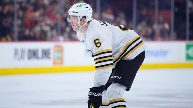 Boston Bruins' Mason Lohrei plays during an NHL hockey game, Saturday, March 23, 2024, in Philadelphia. (Matt Slocum/AP) 