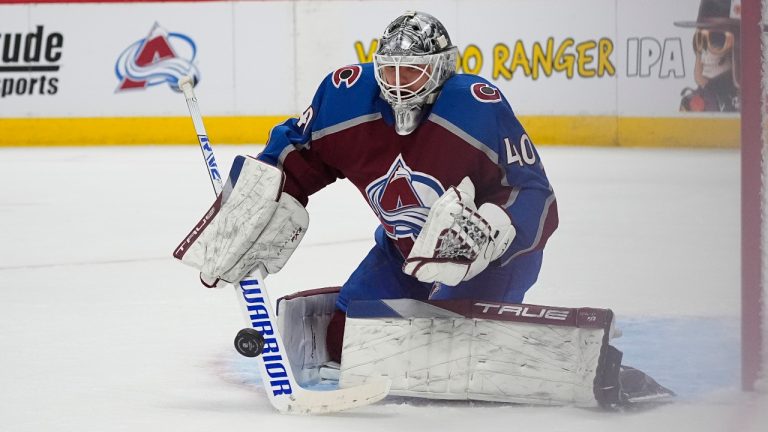 Colorado Avalanche goaltender Alexandar Georgiev (40) in the second period of an NHL hockey game Sunday, March 24, 2024, in Denver. (David Zalubowski/AP) 