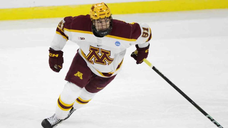 Minnesota forward Jimmy Snuggerud plays against Omaha during an NCAA hockey game on Thursday, March 28, 2024 in Sioux Falls, S.D. (Andy Clayton-King/AP)