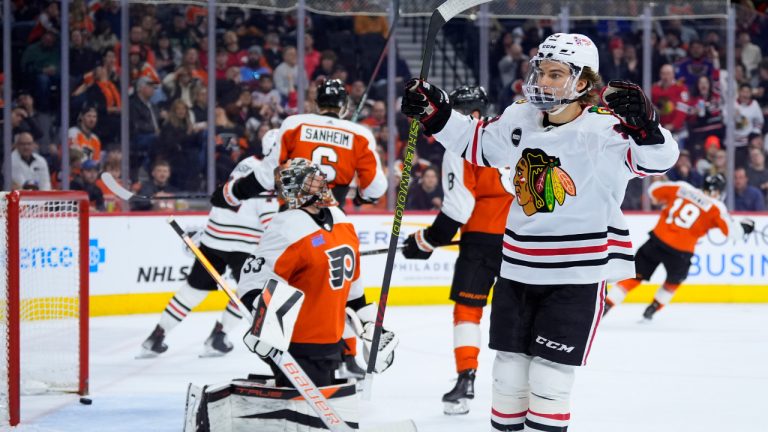 Connor Bedard reacts after scoring during a game against Philadelphia in March 2024. (Matt Slocum/AP) 