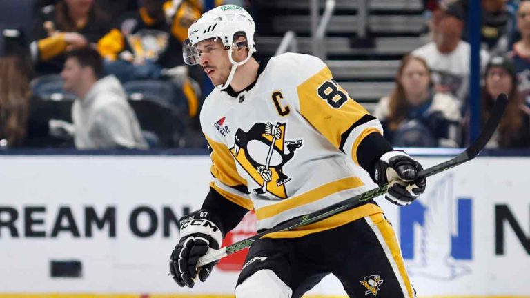 Pittsburgh Penguins forward Sidney Crosby skates agains the Columbus Blue Jackets during an NHL hockey game in Columbus, Ohio, Saturday, March 30, 2024. The Blue Jackets won 4-3 in a shootout. (Paul Vernon/AP)