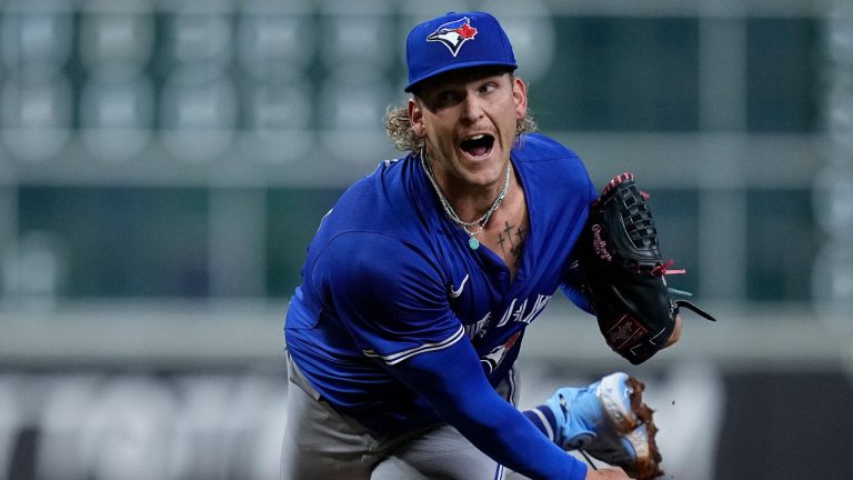 Toronto Blue Jays starting pitcher Bowden Francis delivers during the first inning of a baseball game against the Houston Astros, Monday, April 1, 2024, in Houston. (AP Photo/Kevin M. Cox) 