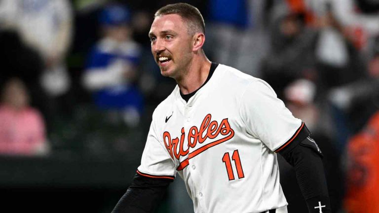 Baltimore Orioles' Jordan Westburg celebrates his two-run walk-off home run as he throws his helmet and heads for home during the ninth inning of a baseball game against the Kansas City Royals, Monday, April 1, 2024, in Baltimore. (Nick Wass/AP)