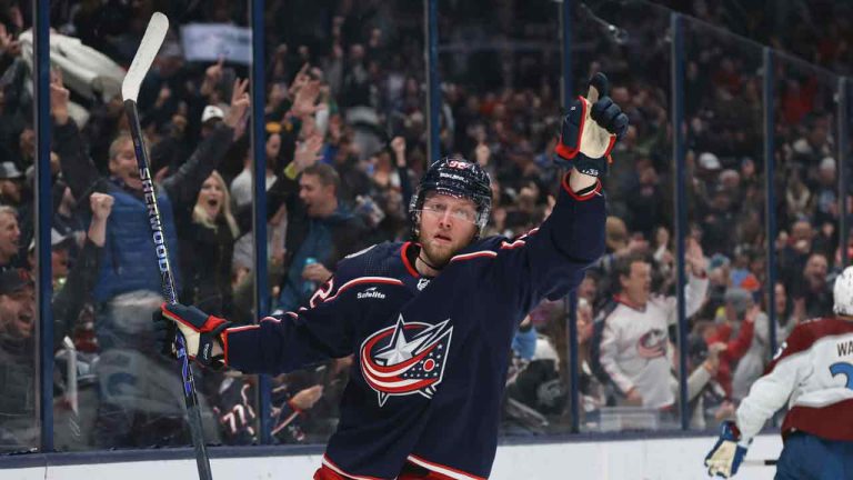 Alexander Nylander, then with the Columbus Blue Jackets, celebrates a goal against the Colorado Avalanche during the second period of an NHL hockey game in Columbus, Ohio, Monday, April 1, 2024. (Paul Vernon/AP)