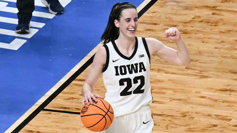 Iowa guard Caitlin Clark (22) reacts as time winds off the clock against LSU in an Elite Eight round college basketball game during the NCAA Tournament, Monday, April 1, 2024, in Albany, N.Y. (Hans Pennink/AP)