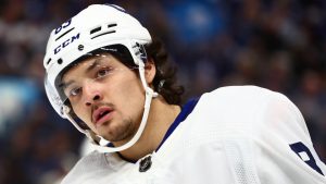 Toronto Maple Leafs left wing Nicholas Robertson skates during the second period of an NHL hockey game against the Buffalo Sabres Saturday, March 30, 2024, in Buffalo, N.Y. (Jeffrey T. Barnes/AP)