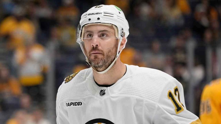 Boston Bruins defenseman Kevin Shattenkirk (12) plays during the second period of an NHL hockey game against the Nashville Predators, Tuesday, April 2, 2024, in Nashville, Tenn. (George Walker IV/AP)