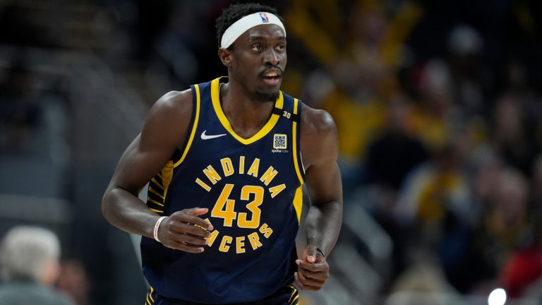 Indiana Pacers' Pascal Siakam in action during the first half of an NBA basketball game against the Brooklyn Nets, Monday, April 1, 2024, in Indianapolis. (Darron Cummings/AP) 