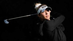 Nelly Korda hits from the 11th tee during the second round of the LPGA T-Mobile Match Play golf tournament Thursday, April 4, 2024, in North Las Vegas, Nev. (John Locher/AP)