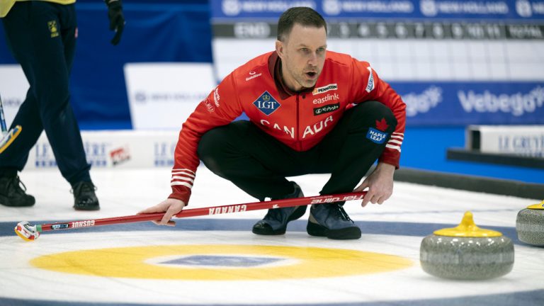 Canadas's Skip Brad Gushue in action during the final game against Sweden at the Men's World Curling Championship, at the IWC Arena in Schaffhausen, Switzerland, Sunday, April 7, 2024. (Christian Beutler/Keystone via AP) 