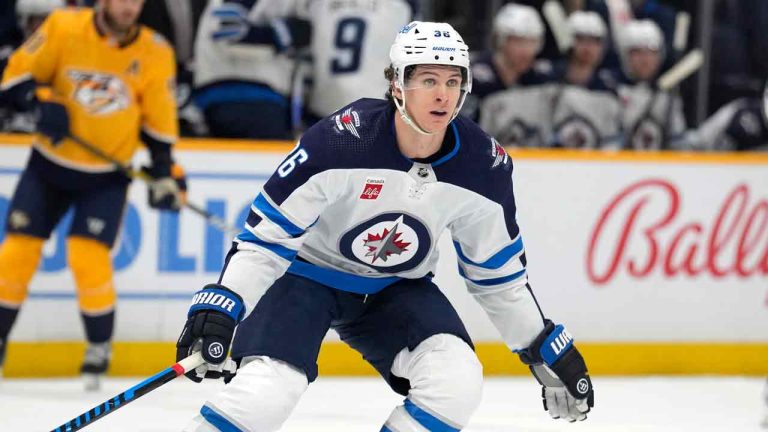 Winnipeg Jets' Morgan Barron (36) plays against the Nashville Predators during the first period of an NHL hockey game Tuesday, April 9, 2024, in Nashville, Tenn. (Mark Humphrey/AP)