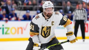 Vegas Golden Knights' Mark Stone (61) plays during the third period of an NHL hockey game against the New York Islanders Tuesday, Jan. 23, 2024, in Elmont, N.Y. Vegas Golden Knights captain Mark Stone has been cleared to return to practice on a limited basis as he recovers from a lacerated spleen, the team said Friday, April 12, 2024.(AP Photo/Frank Franklin II, File) 