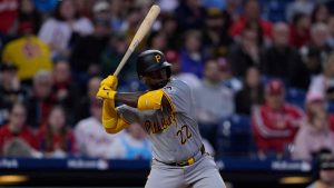 Pittsburgh Pirates' Andrew McCutchen plays during the third inning of a baseball game, Friday, April 12, 2024, in Philadelphia. (Matt Rourke/AP)