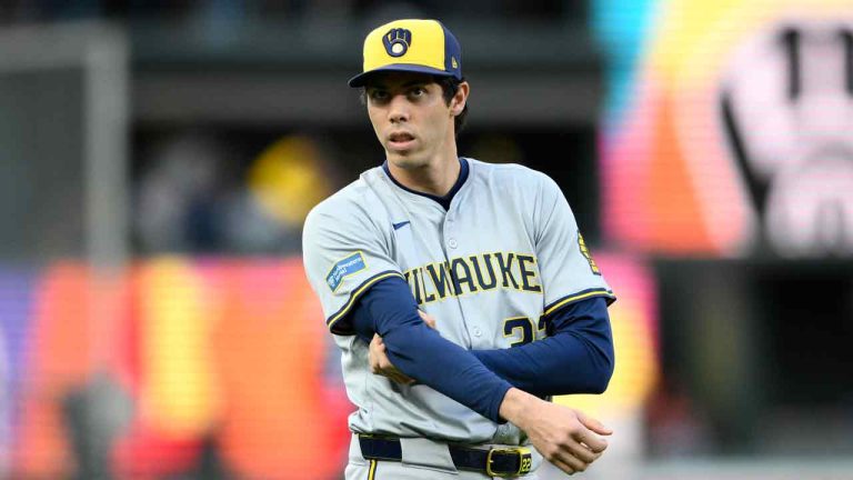 Milwaukee Brewers' Christian Yelich warms up before a baseball game against the Baltimore Orioles, Friday, April 12, 2024, in Baltimore. (Nick Wass/AP)