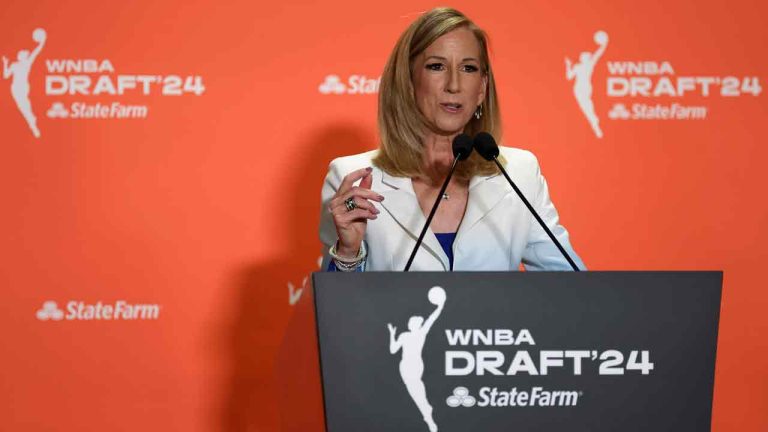 WNBA commissioner Cathy Engelbert speaks to the media before the WNBA basketball draft on Monday, April 15, 2024, in New York. (Adam Hunger/AP)