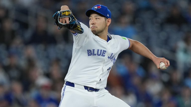 Toronto Blue Jays pitcher Yusei Kikuchi works against the New York Yankees during first inning American League MLB baseball action in Toronto on Tuesday, April 16, 2024. (Nathan Denette/CP)