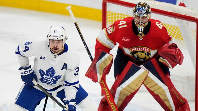 Toronto Maple Leafs' Auston Matthews (34) stands in front of Florida Panthers goaltender Anthony Stolarz (41) during first period NHL hockey action in Sunrise, Fla. on Tuesday, April 16, 2024. (Frank Gunn/CP)