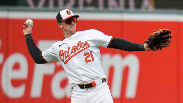 Baltimore Orioles left fielder Austin Hays throws to the infield after catching a ball hit by Minnesota Twins' Austin Martin during the ninth inning of a baseball game, Wednesday, April 17, 2024, in Baltimore. The Orioles won 4-2. (Jess Rapfogel/AP)