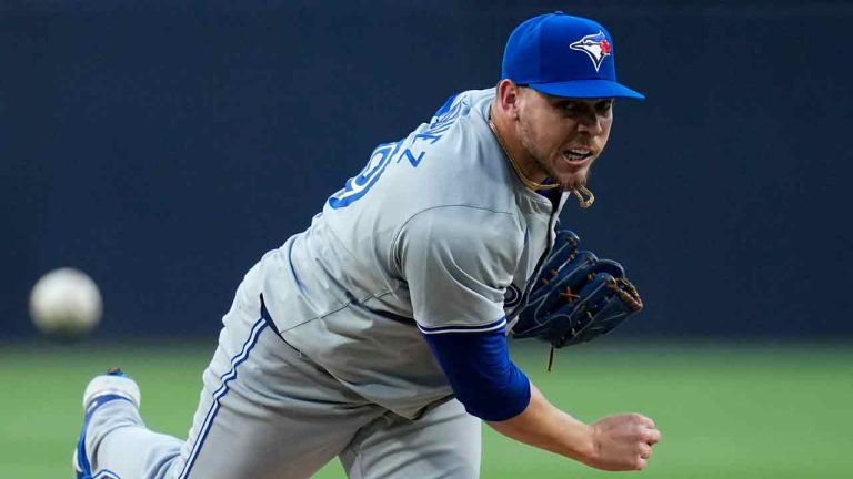 Toronto Blue Jays starting pitcher Yariel Rodriguez works against a San Diego Padres batter during the first inning of a baseball game, Friday, April 19, 2024, in San Diego. (Gregory Bull/AP)