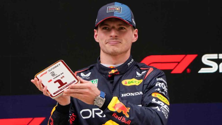 Red Bull driver Max Verstappen of the Netherlands reacts after winning the sprint race at the Chinese Formula One Grand Prix, April 20, 2024. (AP Photo/Andy Wong)