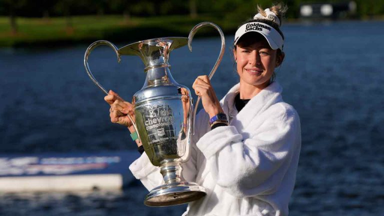 Nelly Korda poses with the trophy after winning the Chevron Championship LPGA golf tournament Sunday, April 21, 2024, at The Club at Carlton Woods in The Woodlands, Texas. (David J. Phillip/AP)