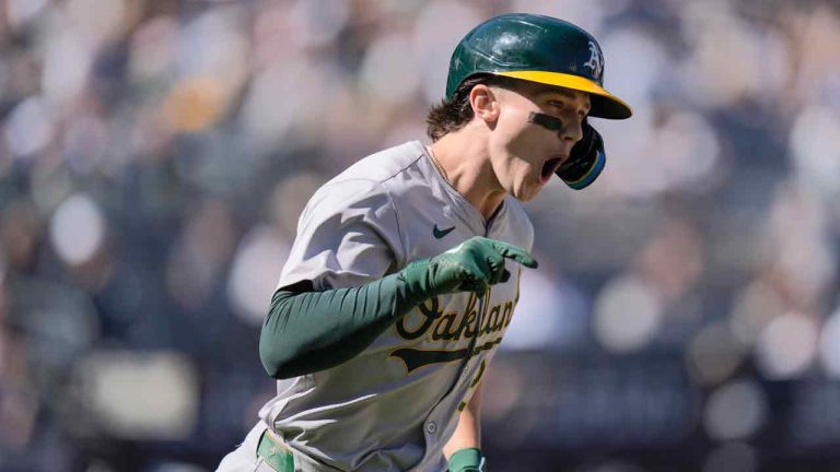 Oakland Athletics' Zack Gelof reacts after hitting a two-run home run during the ninth inning of the baseball game against the New York Yankees at Yankee Stadium Monday, April 22, 2024, in New York. (Seth Wenig/AP)