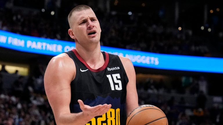 Denver Nuggets center Nikola Jokic reacts after a call during the second half in Game 2 of an NBA basketball first-round playoff series against the Los Angeles Lakers, Monday, April 22, 2024, in Denver. (Jack Dempsey/AP) 