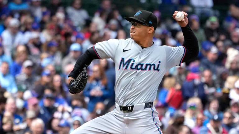 Miami Marlins starting pitcher Jesús Luzardo delivers in the first baseball game of a doubleheader against the Chicago Cubs, Saturday, April 20, 2024, in Chicago. (Charles Rex Arbogast/AP)