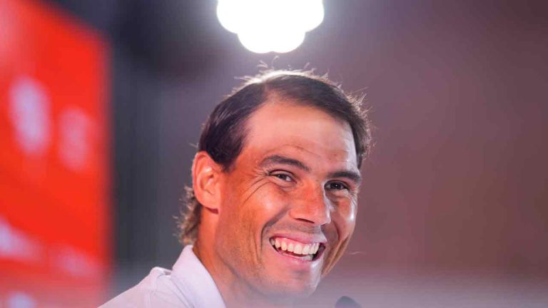 Spanish tennis player Rafael Nadal gives a press conference at the Mutua Madrid Open tennis tournament in Madrid, Wednesday, April 24, 2024. (Manu Fernandez/AP)