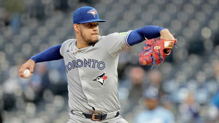 Toronto Blue Jays starting pitcher Jose Berrios throws during the first inning of a baseball game against the Kansas City Royals Thursday, April 25, 2024, in Kansas City, Mo. (Charlie Riedel/AP)