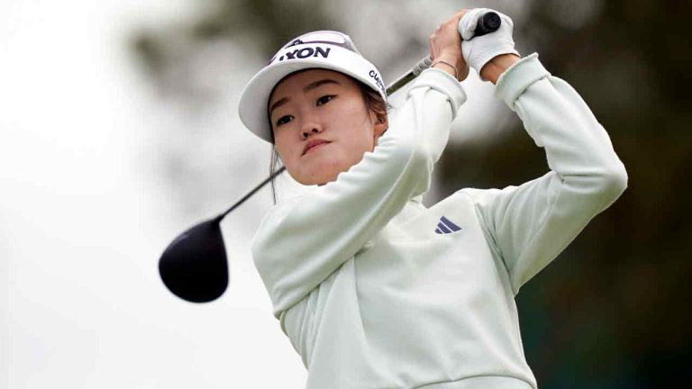 Grace Kim hits from the 16th tee during the first round of the LPGA LA Championship golf tournament at Wilshire Country Club, Thursday, April 25, 2024, in Los Angeles. (Ryan Sun/AP)