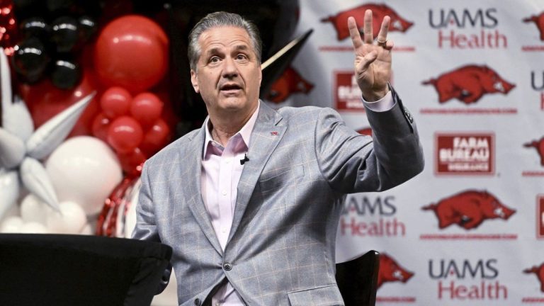 John Calipari answers questions from reporters after being introduced as Arkansas men's basketball coach Wednesday, April 10, 2024, in Fayetteville, Ark. (Michael Woods/AP Photo)
