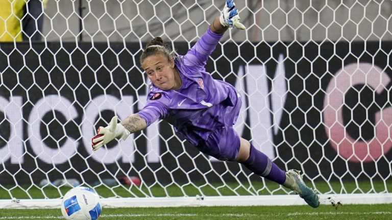 Canada goalkeeper Kailen Sheridan can't make the save in the penalty shootout of a CONCACAF Gold Cup women's soccer tournament semifinal match, Wednesday, March 6, 2024, in San Diego. (Gregory Bull/AP Photo)
