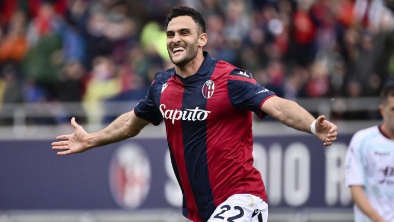 Bologna's Charalampos Lykogiannis celebrates after scoring his side's third goal during the Italian Serie A soccer match between Bologna and Salernitana at the Renato Dall'Ara Stadium in Bologna, Italy, Monday, April 1, 2024. (Massimo Paolone/LaPresse via AP)