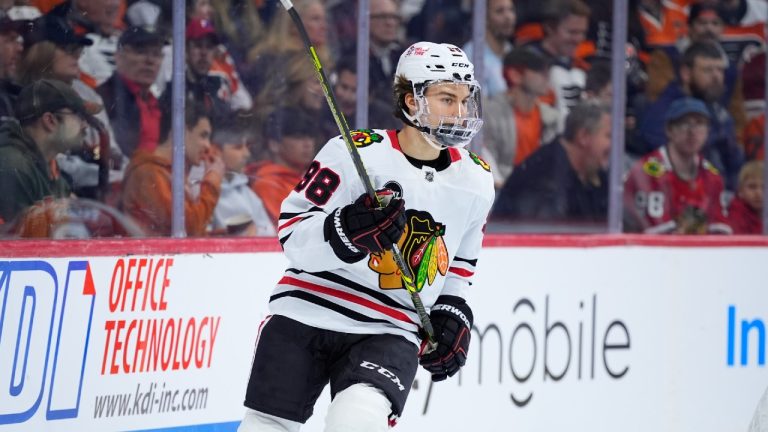 Chicago Blackhawks' Connor Bedard plays during an NHL hockey game, Saturday, March 30, 2024, in Philadelphia. (Matt Slocum/AP)