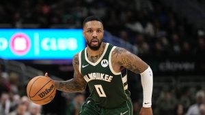 Milwaukee Bucks' Damian Lillard during the second half of an NBA basketball game against the Orlando Magic Wednesday, April 10, 2024, in Milwaukee. (Morry Gash/AP)