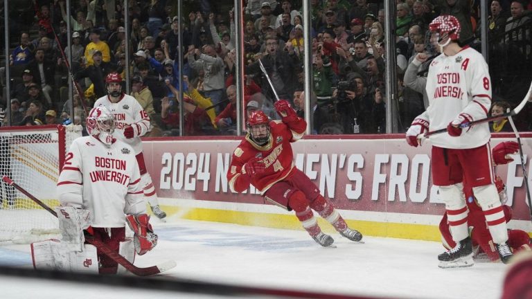 Denver forward Jack Devine celebrates after an overtime win against Boston University in a semifinal game at the Frozen Four NCAA college hockey tournament Thursday, April 11, 2024, in St. Paul, Minn. (Abbie Parr/AP Photo)
