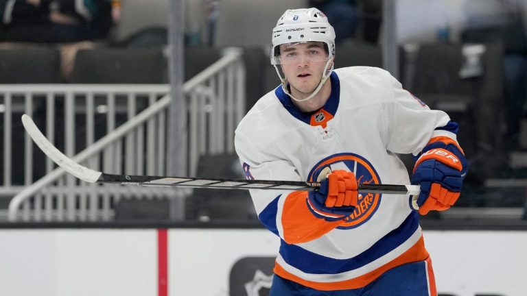 New York Islanders defenceman Noah Dobson during an NHL hockey game against the San Jose Sharks in San Jose, Calif., Thursday, March 7, 2024. (Jeff Chiu/AP Photo)