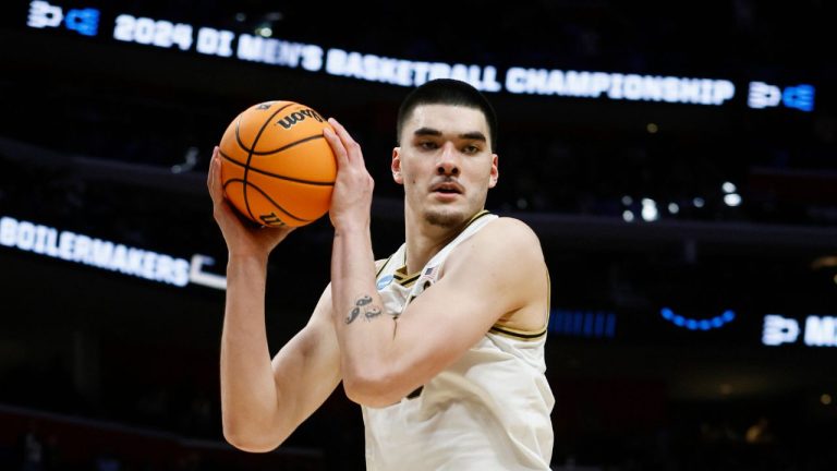 Purdue centre Zach Edey pulls down a rebound during the second half of a Sweet 16 college basketball game against Gonzaga in the NCAA Tournament, Friday, March 29, 2024, in Detroit. (Duane Burleson/AP Photo)