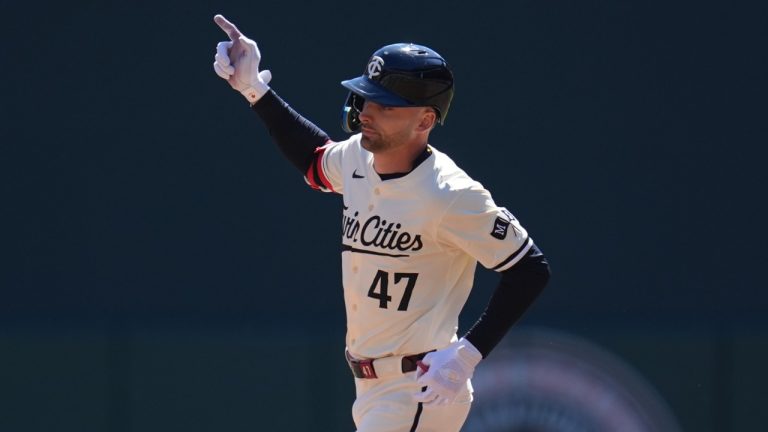 Minnesota Twins' Edouard Julien (47) runs the bases after hitting a solo home run during the first inning of a baseball game against the Los Angeles Dodgers, Wednesday, April 10, 2024, in Minneapolis. (AP/Abbie Parr)