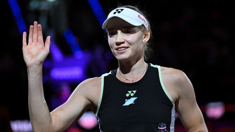 Kazakhstan's Elena Rybakina thanks the fans after winning the Women Singles tennis tournament of Stuttgart, Germany. (Marijan Murat/dpa via AP)